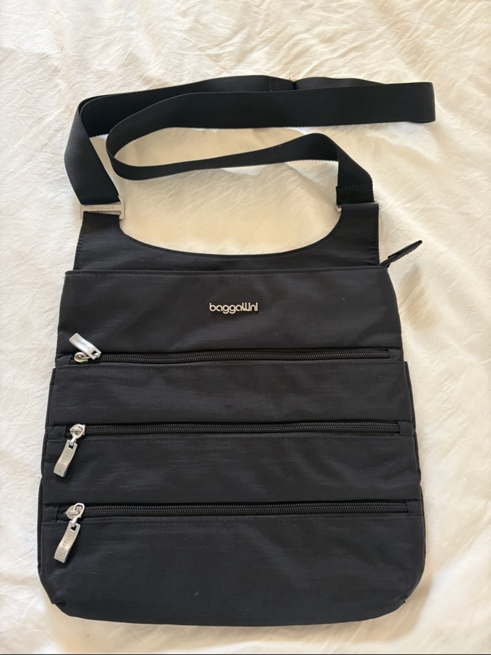 Baggallini Black Nylon Triple-Zip Crossbody Bag